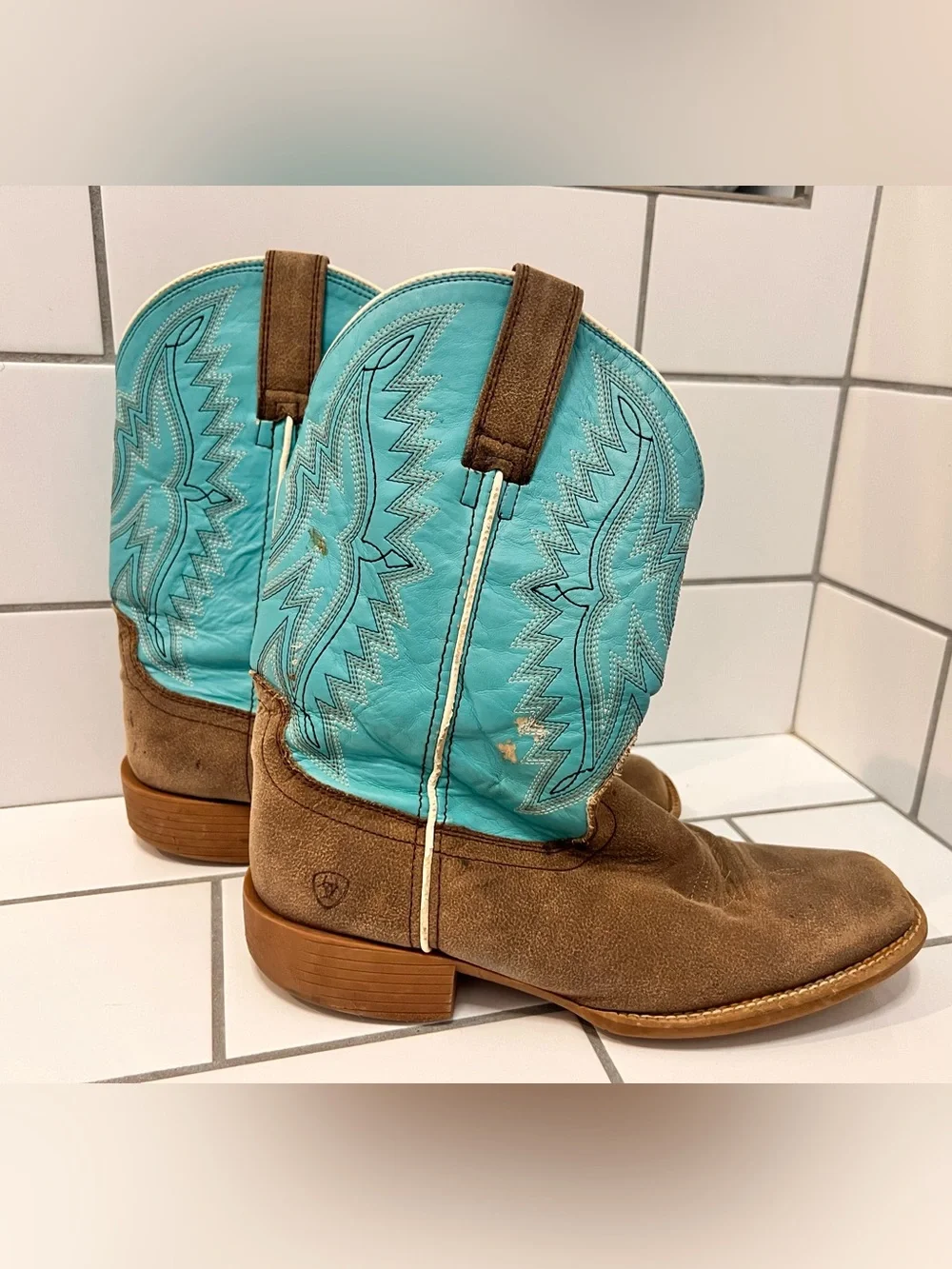 Ariat Kids Bristo Tan Turquoise Square Toe Western Cowboy Boots Size 4.5